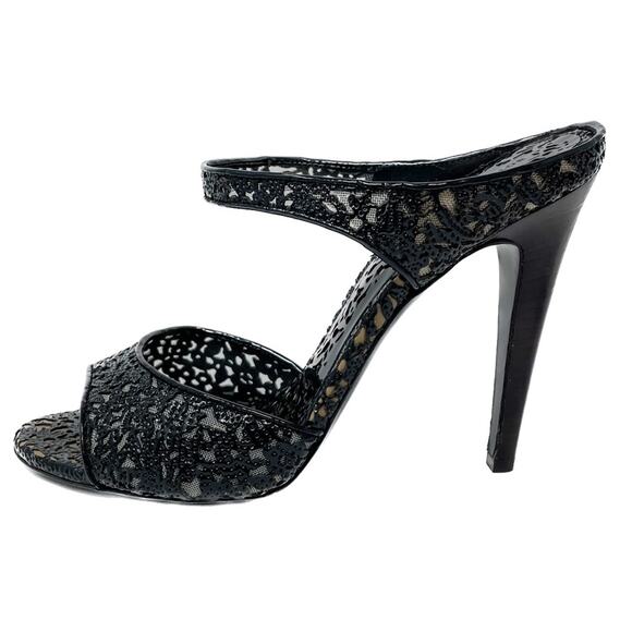 Bottega Veneta black patent lasercut lace strappy high heel sandals size 37.5 - Picture 1 of 14